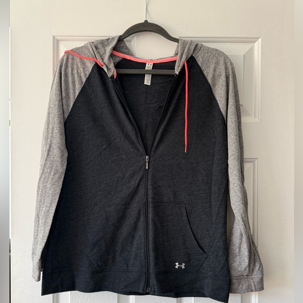 Under Armour Black Hoodie with Gray Sleeves and Red Highlights